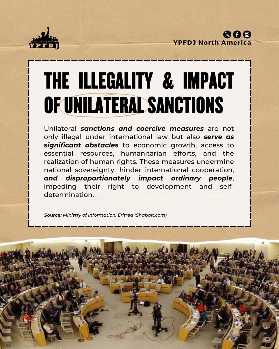 YPFDJNA's tweet photo. Sanctions are political tools that have real consequences. They hinder development, violate international law, and obstruct global cooperation.
📖 Read more on https://t.co/Nf1f2piPPL
#NoToSanctions #YesToStability #WeStandWithEritrea #Eritrea #EritreaPrevails #YPFDJNA #YPFDJ https://t.co/GBDCIrpkXF