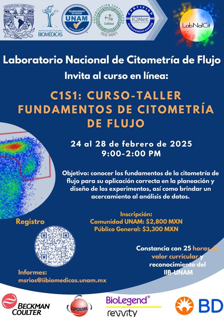 Inscripción: buff.ly/3X2CupA 
No te pierdas este curso!!
#flowcytometry #citometria #citometriadeflujo #immunology #unam #BD #Beckman #cipquim #biolegend