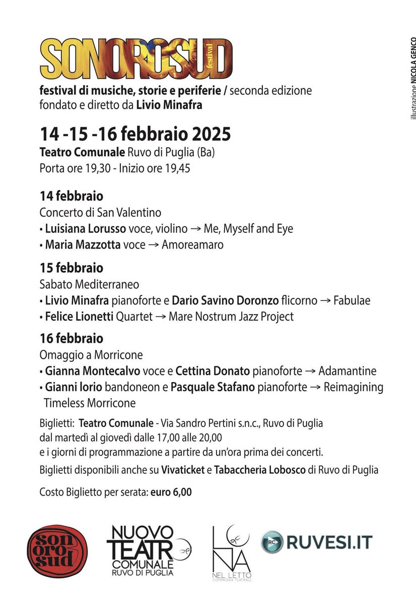 Gianna Montecalvo ed io il 16 Febbraio al Teatro Comunale di Ruvo di Puglia per il Festival Sonoro Sud fondato e diretto da Livio Minafra. Biglietti a prezzi bassissimi! 
Qui vivaticket.com/it/ticket/omag…

Grazie Livio ❤️
E grazie Gianna ❤️