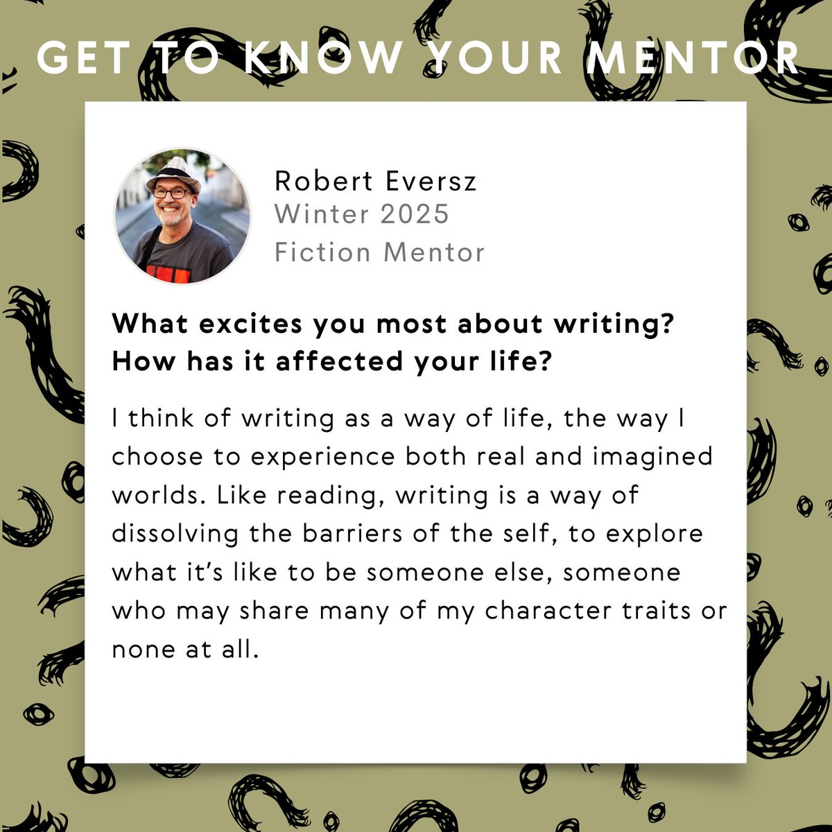PocketMFA's tweet image. Wondering what excites Robert Eversz about writing?
Read what he shared with us!
#PocketMFA #WritingProgram #MFA #Writing #Poetry #Fiction #Journalism #WritersCommunity #Reading #Writers