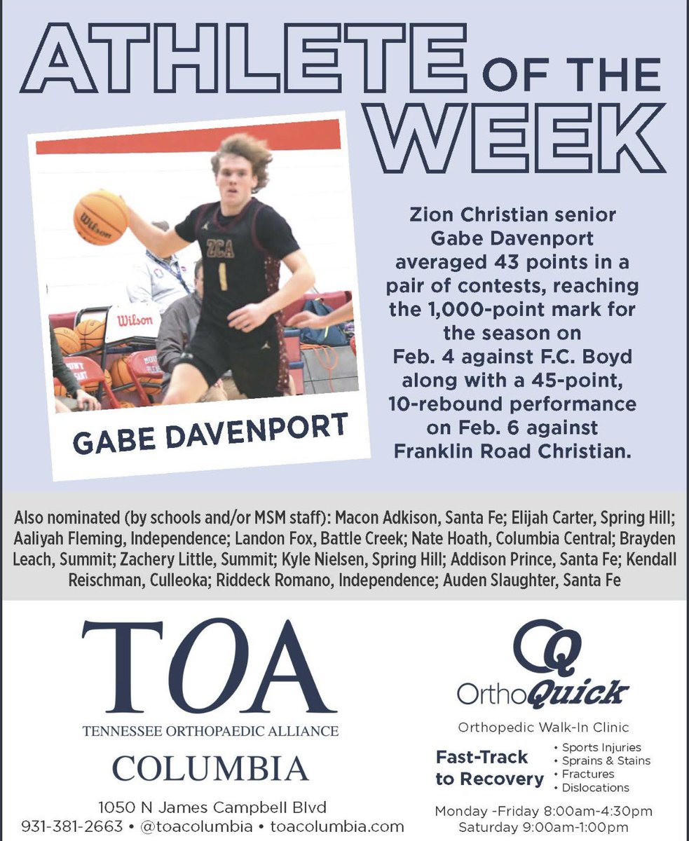 Maurice Patton (@mopatton_sports) on Twitter photo .<a href="/ZCABasketball/">Zion Christian Academy Basketball</a> senior <a href="/2025GabeD/">Gabe Davenport</a> is the <a href="/MainStreetMaury/">Main Street Maury</a> <a href="/tennessee_ortho/">TN Orthopaedic</a> Athlete of the Week for Feb. 3-9 … <a href="/MainStreetPreps/">Main Street Preps</a> <a href="/MS_SportsToday/">Main Street Sports Today</a> .<a href="/ZCABasketball/">Zion Christian Academy Basketball</a> senior <a href="/2025GabeD/">Gabe Davenport</a> is the <a href="/MainStreetMaury/">Main Street Maury</a> <a href="/tennessee_ortho/">TN Orthopaedic</a> Athlete of the Week for Feb. 3-9 … <a href="/MainStreetPreps/">Main Street Preps</a> <a href="/MS_SportsToday/">Main Street Sports Today</a>