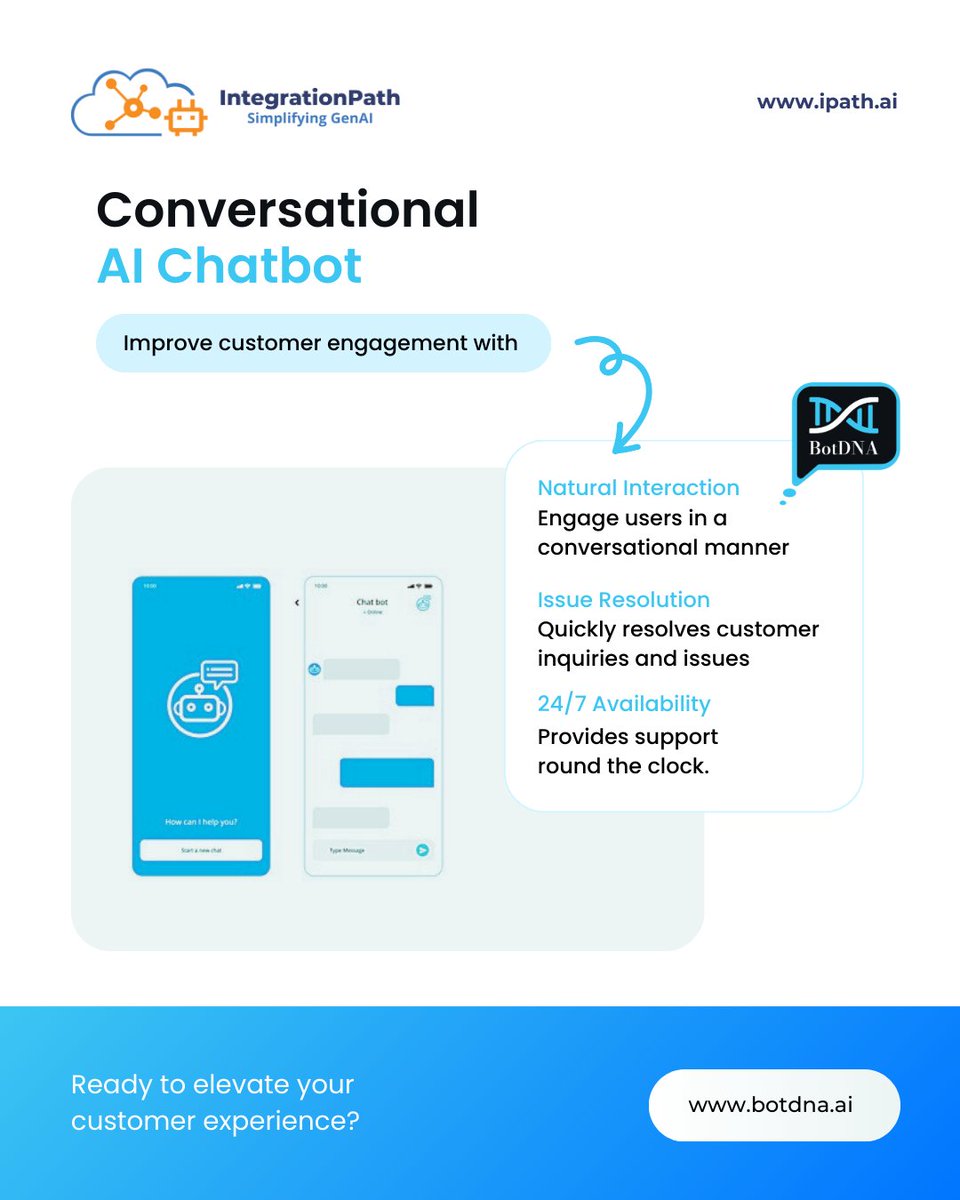 integrationpath's tweet image. Struggling to keep up with customer inquiries?

🚀 Conversational AI Chatbots will transform your customer engagement and elevate your customer experience

🌐 Visit botdna.ai to learn more!

#CustomerExperience #AI #Chatbot #CustomerSupport #BotDNA