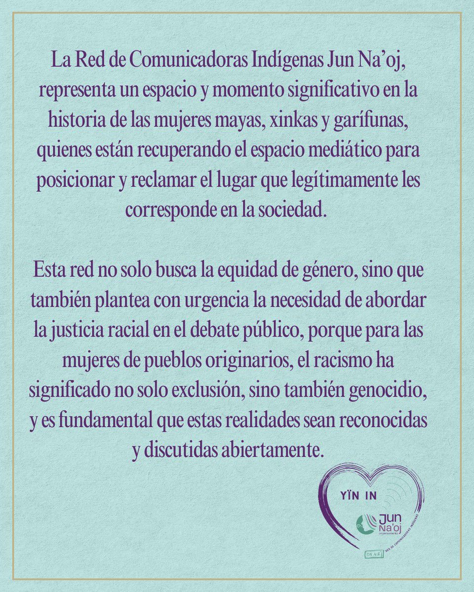 Red de comunicadoras indígenas Jun Na'oj (@redjunnaoj) on Twitter photo Día Mundial de la Radio 🔥
📌En el Día Mundial de la Radio, celebramos el poder de la comunicación antirracista y antipatriarcal, hacer red y tenerlas a ustedes como aliadas.
¡La radio también es de las mujeres de pueblos originarios! ✊🏾
✍🏽 🎨 <a href="/Angela_Cuc/">Angela cuc</a> Día Mundial de la Radio 🔥
📌En el Día Mundial de la Radio, celebramos el poder de la comunicación antirracista y antipatriarcal, hacer red y tenerlas a ustedes como aliadas.
¡La radio también es de las mujeres de pueblos originarios! ✊🏾
✍🏽 🎨 <a href="/Angela_Cuc/">Angela cuc</a>