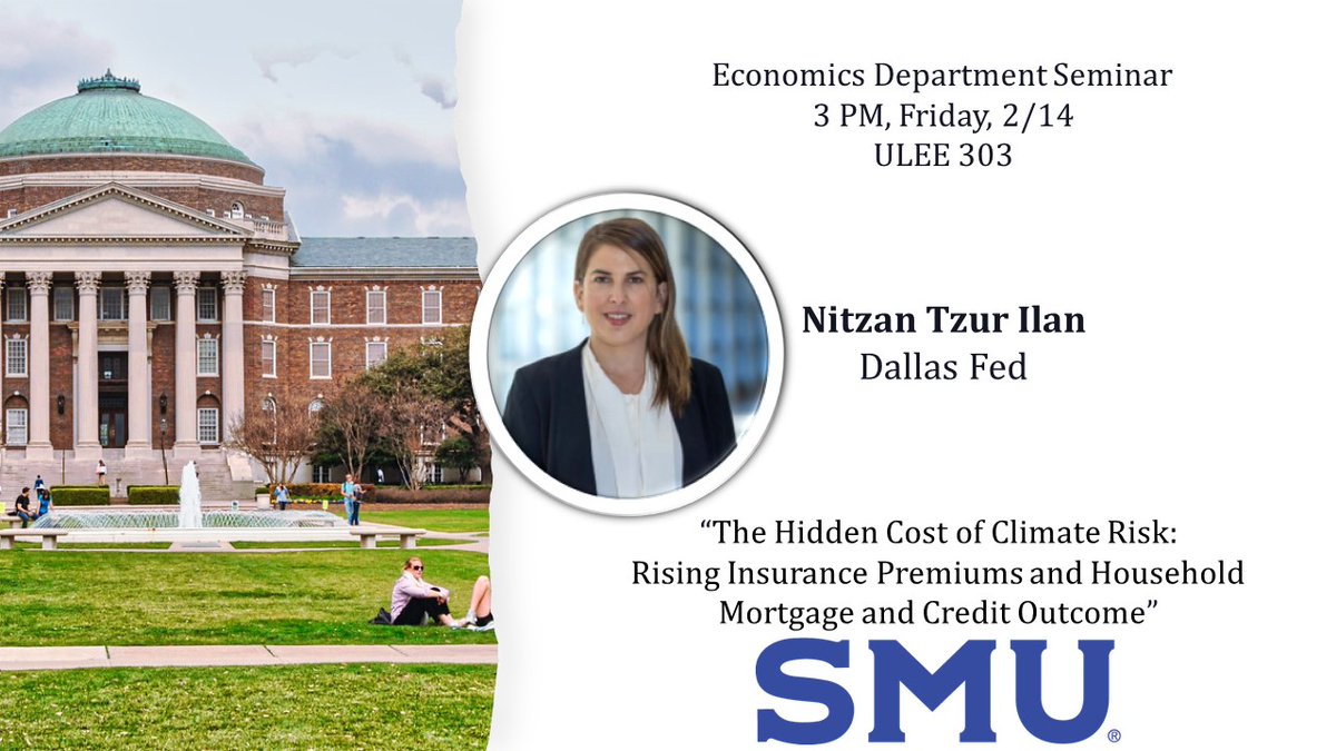 SMU Economics (@smuecondept) on Twitter photo 🚨ENVIRONMENTAL ECONOMICS SEMINAR🍃
We are excited to host Nitzan Tzur Ilan <a href="/NitzanTzur_Ilan/">Nitzan Tzur-Ilan 🎗️</a> for our first seminar of 2025!
She is a research economist at the <a href="/DallasFed/">Dallas Fed</a> and will present her research on climate change and insurance premiums.
⏲️3 PM, 2/14
🏦ULEE 303, SMU 🚨ENVIRONMENTAL ECONOMICS SEMINAR🍃
We are excited to host Nitzan Tzur Ilan <a href="/NitzanTzur_Ilan/">Nitzan Tzur-Ilan 🎗️</a> for our first seminar of 2025!
She is a research economist at the <a href="/DallasFed/">Dallas Fed</a> and will present her research on climate change and insurance premiums.
⏲️3 PM, 2/14
🏦ULEE 303, SMU