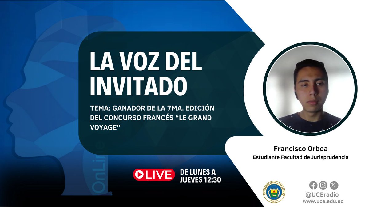 #ENTREVISTA
Francisco Orbea, superó las cuatro fases del concurso francés “Le Grand Voyage”, donde expresó todas sus habilidades en el dominio de esta lengua. Pronto viajará a Francia para aprender más del idioma y enseñar español. 
Conoce más:

🎙 uce.edu.ec