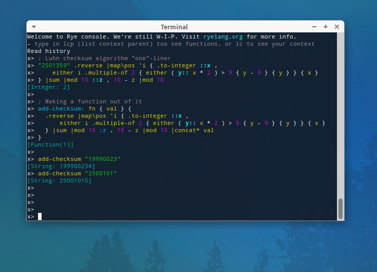 refaktor's tweet photo. I needed a Luhn's checksum algorithm for some bank references checking. This is how it can be implemented in #Ryelang ... what would your favorite language implementation look like? https://t.co/MfnsTpLwXr https://t.co/9nmOGurZPV
