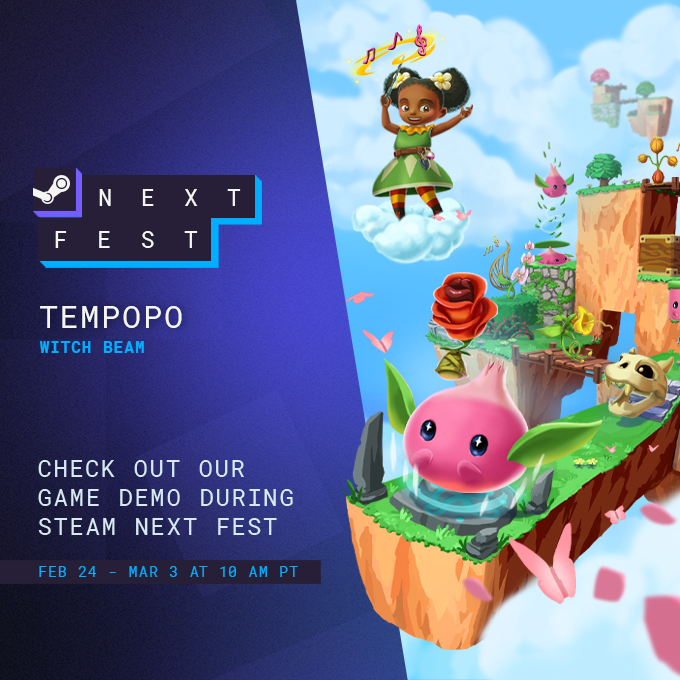 If you've been looking for a chance to play Tempopo, we're so excited to announce that we will be a part of #SteamNextFest later this month! 🌷🎶

Set your calendars for Feb 24th at 10am - your Tempopo will be waiting for you!