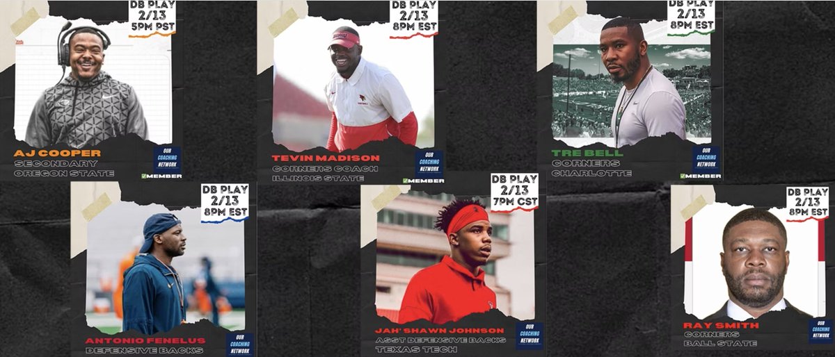 Our Coaching Network | A Football Coach Community (@ourcoachingnet) on Twitter photo 🏈DB Development🏈
We're LIVE on the Network tonight for our DB Roundtable hosted by <a href="/CoachTevv/">Tevin Madison™</a>!
He'll be joined by <a href="/CoachAJCoop/">Coach Coop</a>, <a href="/Coach_TBell/">Tre' Bell</a>, <a href="/coachyoyo_/">Antonio Fenelus</a>, <a href="/DBCoachSmith/">Ray Smith</a>, <a href="/SJohnson_7/">Jah'shawn Johnson🌵</a> 📈
Join us on the Network tonight at
members.ourcoachingnetwork.com/events/defensi… 🏈DB Development🏈
We're LIVE on the Network tonight for our DB Roundtable hosted by <a href="/CoachTevv/">Tevin Madison™</a>!
He'll be joined by <a href="/CoachAJCoop/">Coach Coop</a>, <a href="/Coach_TBell/">Tre' Bell</a>, <a href="/coachyoyo_/">Antonio Fenelus</a>, <a href="/DBCoachSmith/">Ray Smith</a>, <a href="/SJohnson_7/">Jah'shawn Johnson🌵</a> 📈
Join us on the Network tonight at
members.ourcoachingnetwork.com/events/defensi…