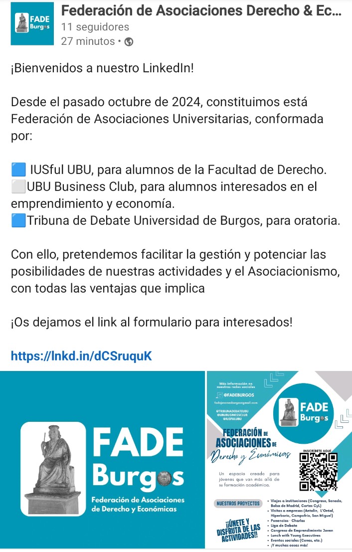 IUSfulUBU's tweet photo. ¡Os dejamos nuestro nuevo proyecto!

Nos federamos con:
🟦 UBU BUSINESS CLUB
⬜ TRIBUNA DEBATE DE LA UBU

⬜FADE🟦
¡Nueva Federación para potenciar nuestra actividad y el Asociacionismo universitario!
https://t.co/TIVmo2nDEQ
@UBUEstudiantes @FundacionUBU @CulturaUbu @Alumni_UBU https://t.co/C9BQCsc0KT