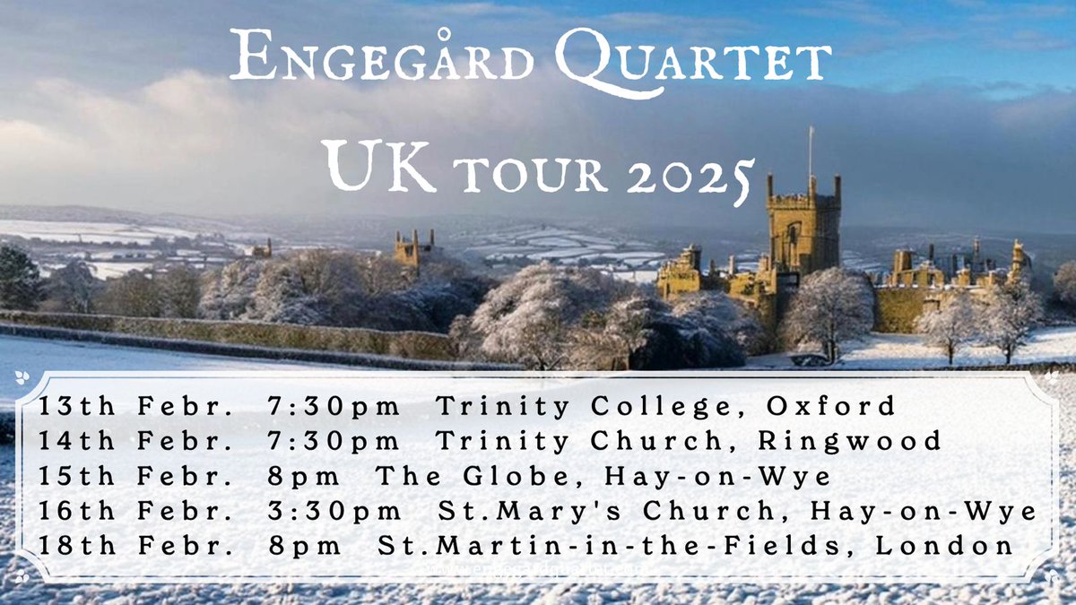 Engegård Quartet (@engegardq) on Twitter photo First concert on our UK Tour in <a href="/MusicatOxford/">Music at Oxford</a> tonight.
14th: <a href="/AvonValleyCon/">Avon Valley Concerts</a>
15th & 16th: <a href="/HayOnWyeMusic/">HayMusic</a>
18th: <a href="/smitf_london/">St Martin-in-the-Fields</a> First concert on our UK Tour in <a href="/MusicatOxford/">Music at Oxford</a> tonight.
14th: <a href="/AvonValleyCon/">Avon Valley Concerts</a>
15th & 16th: <a href="/HayOnWyeMusic/">HayMusic</a>
18th: <a href="/smitf_london/">St Martin-in-the-Fields</a>