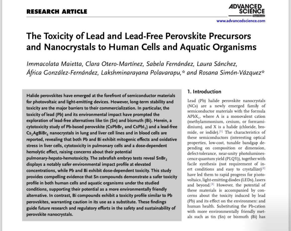 📑 Última publicación del grupo: “The Toxicity of Lead and Lead-Free Perovskite Precursors and Nanocrystals to Human Cells and Aquatic Organisms.”

doi.org/10.1002/advs.2…

#nanocrystals #toxicity #humancells #advancecells