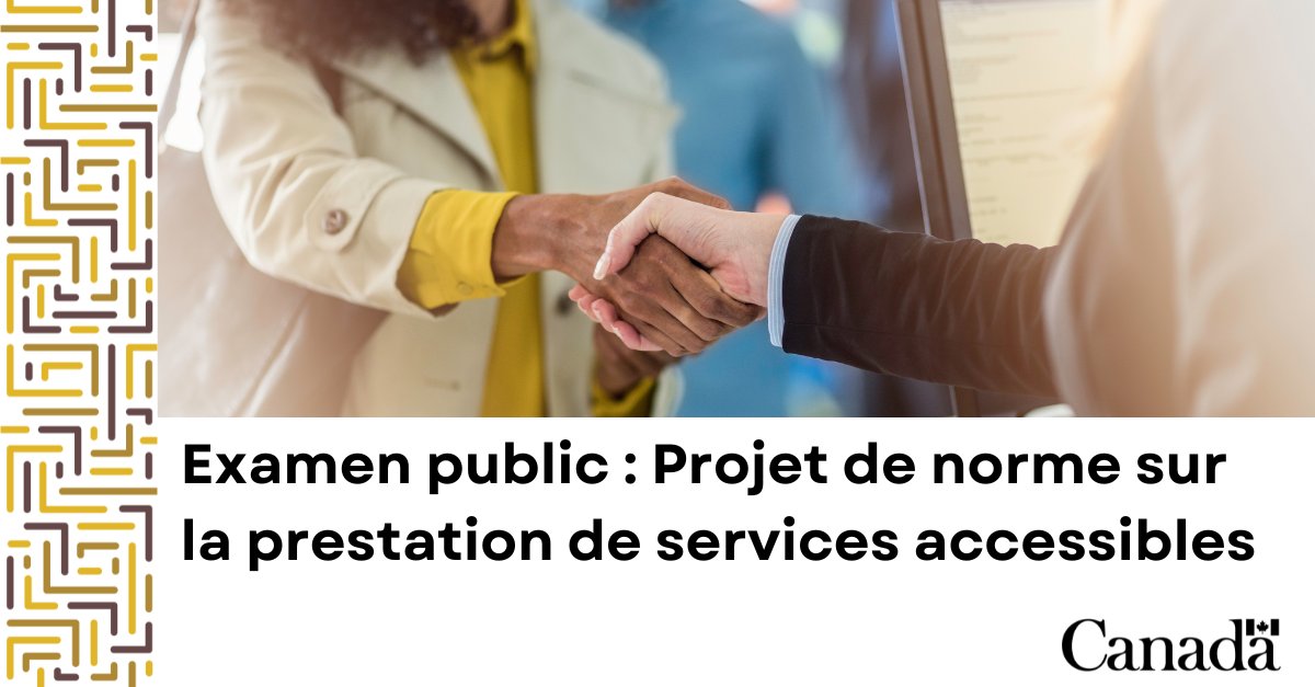🚨Donnez votre avis!

Notre projet de norme sur la prestation de services accessibles est ouvert à l’examen public! Donnez votre avis et aidez à façonner la manière dont les services sont offerts pour que tout le monde puisse y accéder équitablement. 

 👉 ow.ly/b4XW50UZyrT