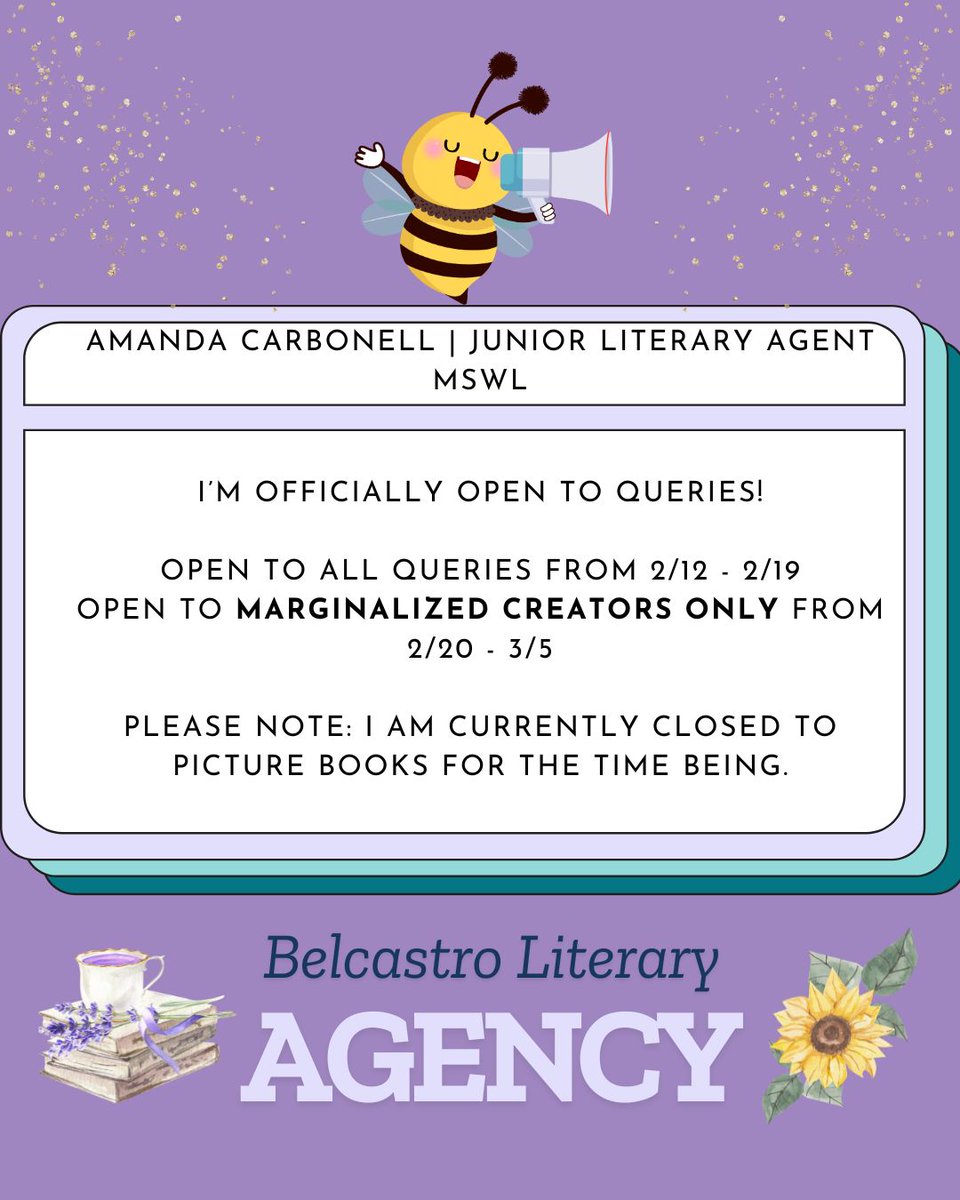 amandalitagent's tweet image. ICYMI: I am open to queries! 
Also, editors, I would love to connect with more of you this year (if email is more convenient, that works too)! I have some wonderful PB projects with my clients, as well as a chapter book that is being worked on and some other things in the works💜