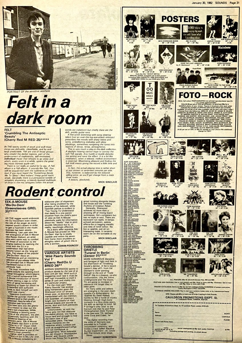 ZoundsAbound's tweet photo. 5⭐️ LP reviews this week for ‘Damaged’ by @blackflagband for ‘Crumbling The Antiseptic Beauty’ by #Felt, for ‘Wa-Do-Dem’ by #EekAMouse, for ‘Wasn’t Tomorrow Wonderful’ by #TheWaitresses, for ‘Get Lucky’ by @loverboyband &amp; ‘Neuromantic’ by #YukohiroTakahashi 

Sounds Jan 30th 1982 https://t.co/Kgj6DdexNa