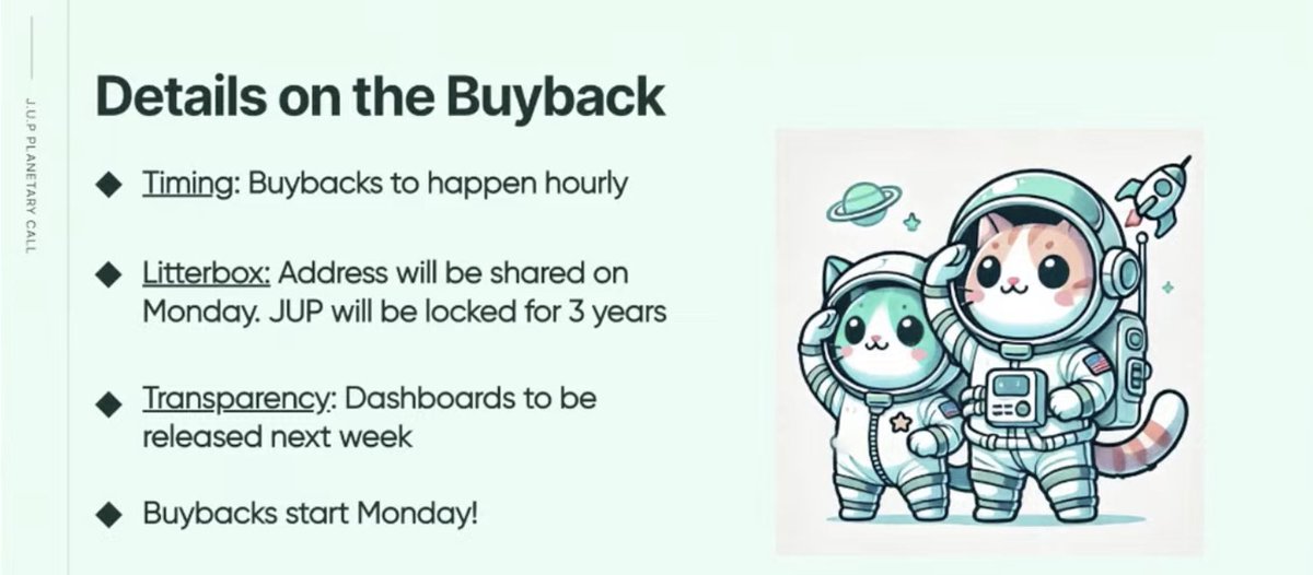 JUP buybacks start on Monday, February 17!

JUP buybacks will happen on an hourly basis!

JUP buybacks' dashboards will be released next week!