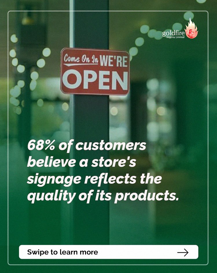 GoldfireNG's tweet photo. When it comes to your brand, you should never settle for mediocrity.

#branding #retail #signage #brandingtips #nigerianbusinesses #marketingtip #brandingcompany #GoldfireNigeria https://t.co/ZrRCUKVqTu