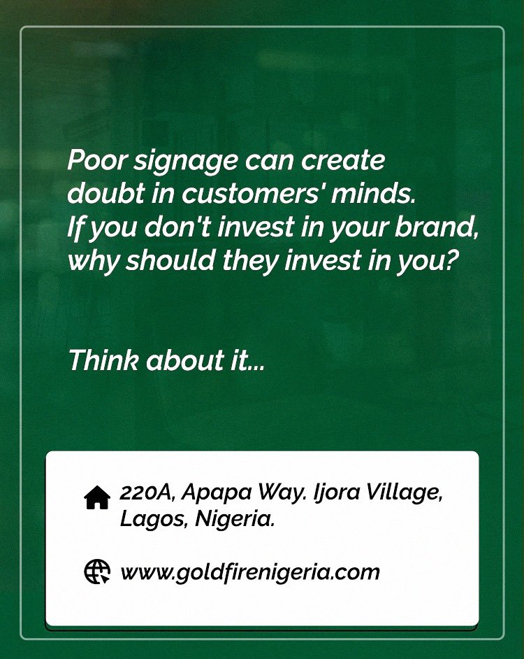 GoldfireNG's tweet photo. When it comes to your brand, you should never settle for mediocrity.

#branding #retail #signage #brandingtips #nigerianbusinesses #marketingtip #brandingcompany #GoldfireNigeria https://t.co/ZrRCUKVqTu