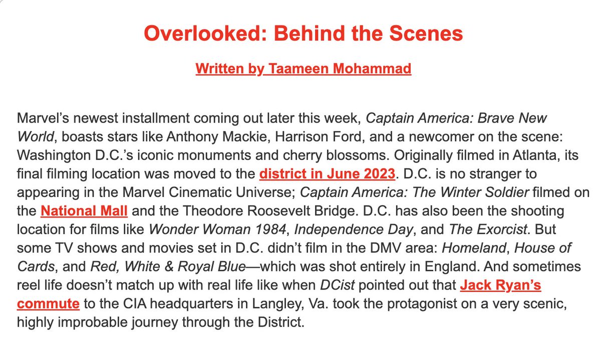 Taameen Mohammad (@taameenmohammad) on Twitter photo I wrote about the long history of D.C. representation (and lack of) in films and movies from #CaptainAmericaBraveNewWorld to Red, White and Royal Blue in today's <a href="/njhotline/">National Journal Hotline</a> Overlooked! I wrote about the long history of D.C. representation (and lack of) in films and movies from #CaptainAmericaBraveNewWorld to Red, White and Royal Blue in today's <a href="/njhotline/">National Journal Hotline</a> Overlooked!