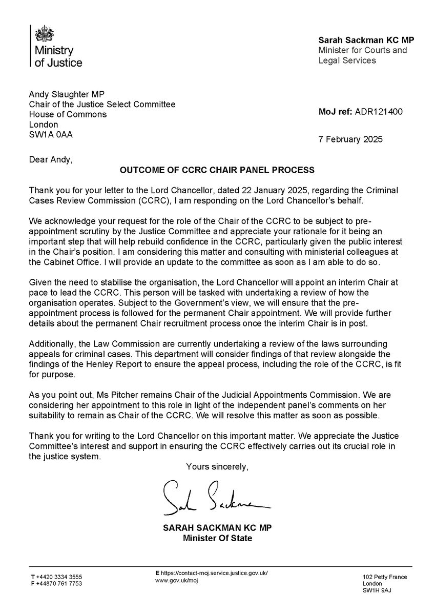 Justice Committee (@commonsjustice) on Twitter photo Read the response from Minister <a href="/sarahsackman/">Sarah Sackman KC MP</a> to the letter from our chair <a href="/hammersmithandy/">Andy Slaughter</a> on pre-appointment scrutiny of the post of Chair of the Criminal Cases Review Commission (<a href="/ccrcupdate/">Criminal Cases Review Commission (CCRC)</a>) 👇 Read the response from Minister <a href="/sarahsackman/">Sarah Sackman KC MP</a> to the letter from our chair <a href="/hammersmithandy/">Andy Slaughter</a> on pre-appointment scrutiny of the post of Chair of the Criminal Cases Review Commission (<a href="/ccrcupdate/">Criminal Cases Review Commission (CCRC)</a>) 👇
