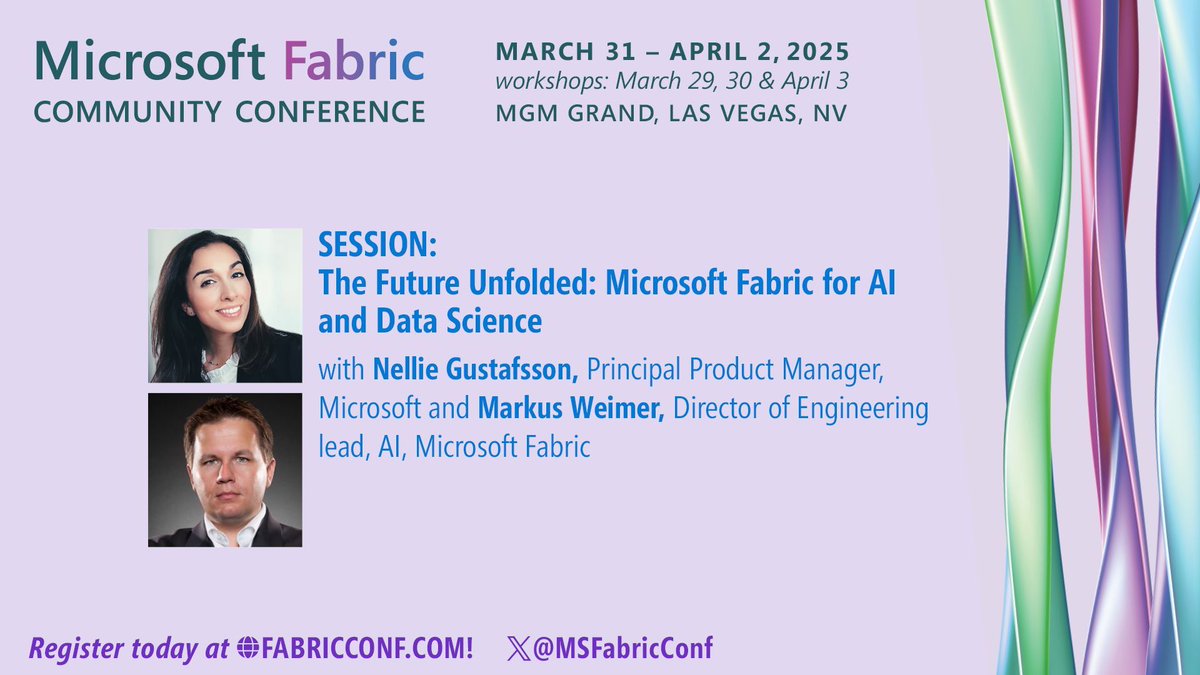 Microsoft Fabric Community Conference - 2025 (@msfabricconf) on Twitter photo What's next for AI and ML in #MicrosoftFabric? Join Nellie Gustafsson and Markus Weimer for a Microsoft insider's look at upcoming features and strategic developments that will shape the future of data science. Attend #FabCon to find out. <a href="/nelliegson/">Nellie Gustafsson</a> buff.ly/42RpRRI What's next for AI and ML in #MicrosoftFabric? Join Nellie Gustafsson and Markus Weimer for a Microsoft insider's look at upcoming features and strategic developments that will shape the future of data science. Attend #FabCon to find out. <a href="/nelliegson/">Nellie Gustafsson</a> buff.ly/42RpRRI