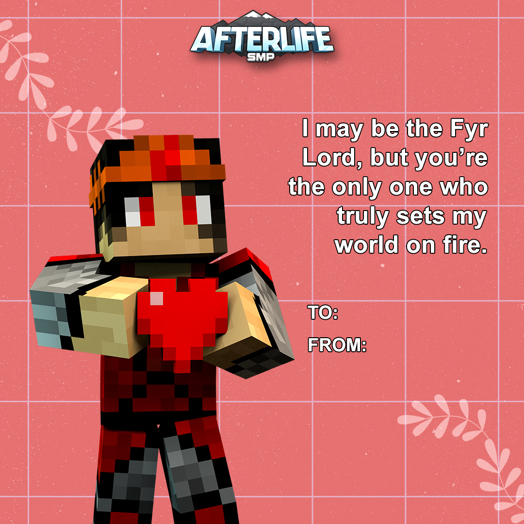 💖 That’s a wrap! Our final batch of AfterLife SMP #Valentine cards are here, featuring <a href="/AllOutJay/">AllOutJay</a>, <a href="/Blondskunk/">Blondskunk</a>, &amp; <a href="/WhiteFyr_/">WhiteFyr</a>!

🙏 Thanks for all the love &amp; laughs along the way! Out of all the card drops, which 1 was your favorite? 💬

#Minecraft #MinecraftSMP #ValentinesDay