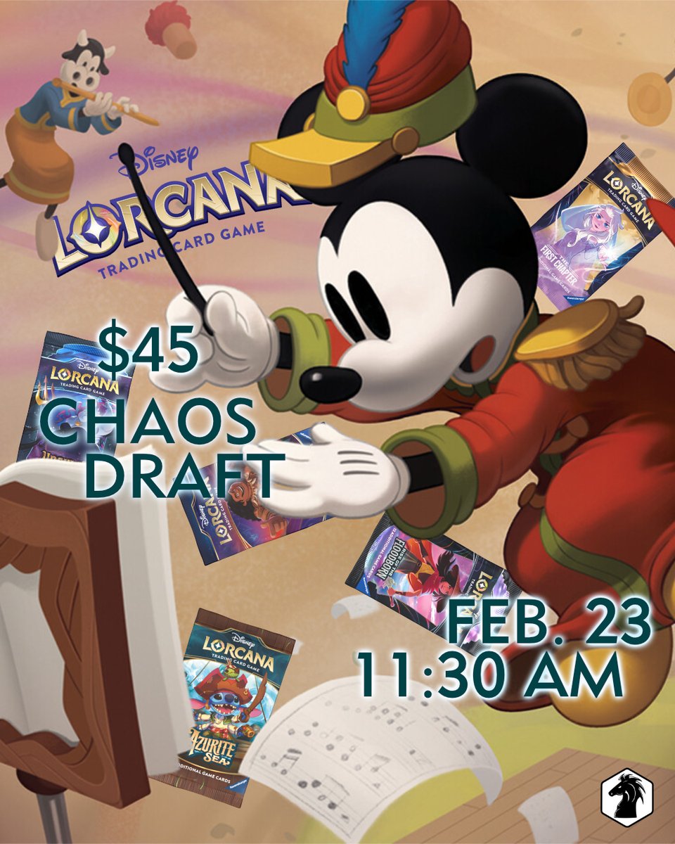Embrace chaos with this special draft event. We have First Chapter packs floating around in some of our draft bags. This is likely the last time we will have First Chapter - don't miss out!

For more info &amp; to register see boardgames.ca/events

#chaosdraft #lorcana #flgs