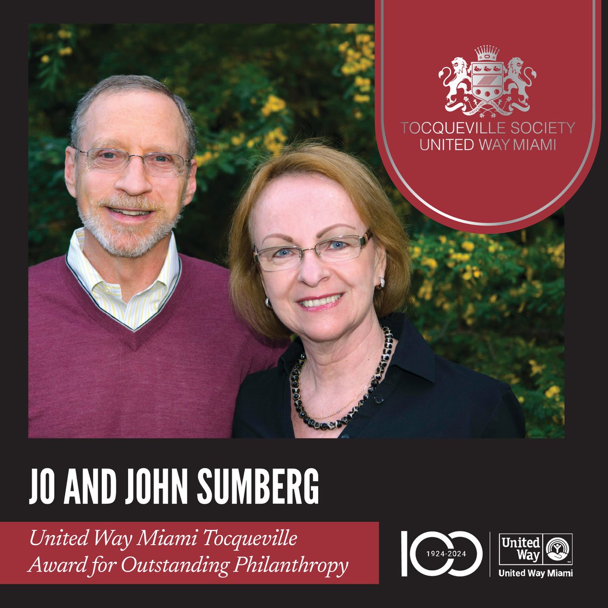 Congratulations to Jo &amp; John Sumberg, recipients of the Tocqueville Award! Since 1997, they’ve been dedicated supporters, strengthening a #StrongerMiami. Their commitment to early education continues to shape a brighter future for our community.Learn more: bit.ly/41fmaV1
