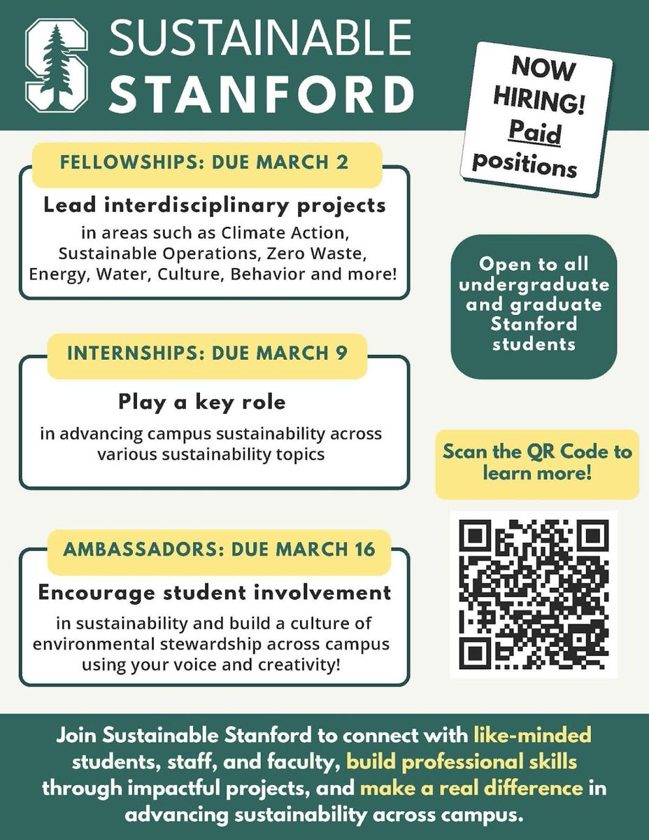 Applications for the '25-'26 academic year are now being accepted for Sustainable Stanford internship, fellowship, and ambassador programs. Application deadlines are in early March. Learn more about how to attend a Zoom or in-person information session: stanford.io/3QfSm46