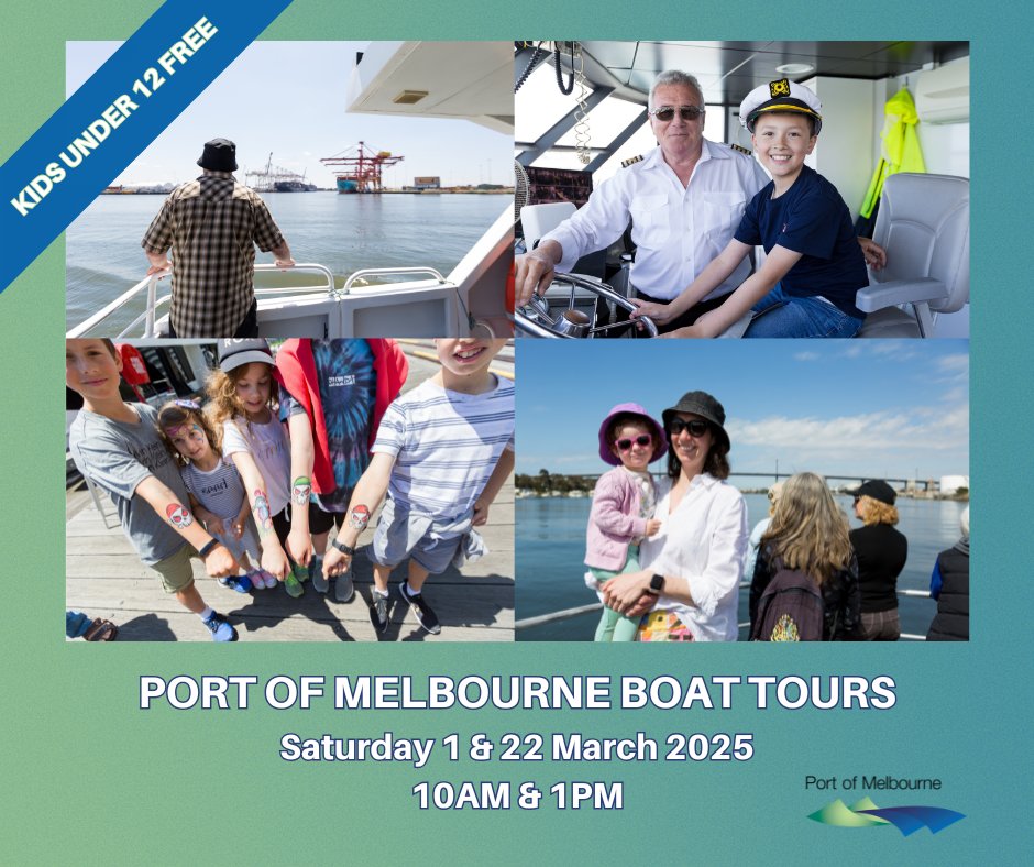 Our community Boat Tours are back for another year of fun! See Port of Melbourne from a new angle and access areas not normally open to the public at our 2025 public Boat Tours this March.

Book your tickets at events.humanitix.com/port-of-melbou…. 

Proceeds from ticket sales go to