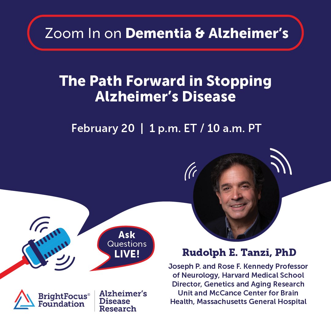 BrightFocus Foundation (@_brightfocus) on Twitter photo Did you know that Alzheimerās disease pathology can begin in the brain decades before symptoms appear?
Join our conversation with Dr. Rudolph Tanzi (<a href="/RudyTanzi/">Dr. Rudy Tanzi</a>) of <a href="/harvardmed/">Harvard Medical School</a> on Feb. 20 to learn about the many factors needed to stop #Alzheimers disease, including early Did you know that Alzheimerās disease pathology can begin in the brain decades before symptoms appear?
Join our conversation with Dr. Rudolph Tanzi (<a href="/RudyTanzi/">Dr. Rudy Tanzi</a>) of <a href="/harvardmed/">Harvard Medical School</a> on Feb. 20 to learn about the many factors needed to stop #Alzheimers disease, including early