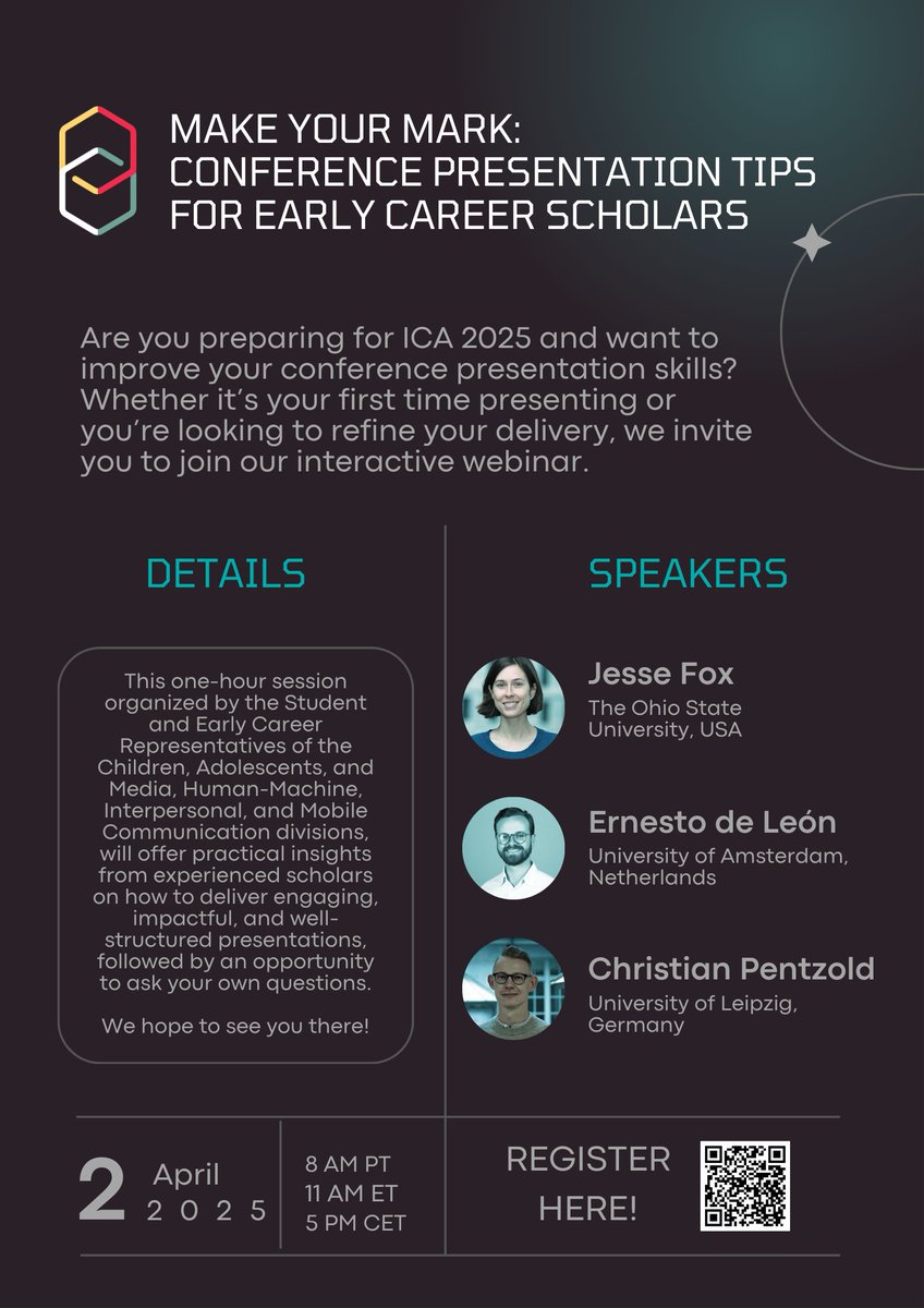 ICA Student & Early Career Members (@icasecac) on Twitter photo Webinar alert🚨"Make Your Mark: Conference Presentation Tips for Early Career Scholars" on April 2nd. Shout out to our ICA student representatives for this great join-division initiative <a href="/Amber_vanderWal/">Amber van der Wal</a> <a href="/MarcoDehnert/">Marco Dehnert</a> <a href="/jean_teichert/">Dr. Jeannine Teichert</a> @ Morgan Quinn Ross Webinar alert🚨"Make Your Mark: Conference Presentation Tips for Early Career Scholars" on April 2nd. Shout out to our ICA student representatives for this great join-division initiative <a href="/Amber_vanderWal/">Amber van der Wal</a> <a href="/MarcoDehnert/">Marco Dehnert</a> <a href="/jean_teichert/">Dr. Jeannine Teichert</a> @ Morgan Quinn Ross
