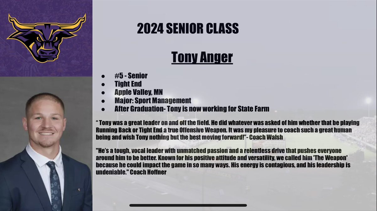 Maverick Football Scoop (@maverick_scoop) on Twitter photo The Minnesota State Football Seniors!
We wanted to showcase our 2024 seniors, one last time.
<a href="/TonyAnger2/">Tony Anger</a> is a Utility Back from Apple Valley, Minnesota. Thank you for all you did for Maverick Football!
🤘🏽😈#MadeTheJourney #MavFam The Minnesota State Football Seniors!
We wanted to showcase our 2024 seniors, one last time.
<a href="/TonyAnger2/">Tony Anger</a> is a Utility Back from Apple Valley, Minnesota. Thank you for all you did for Maverick Football!
🤘🏽😈#MadeTheJourney #MavFam