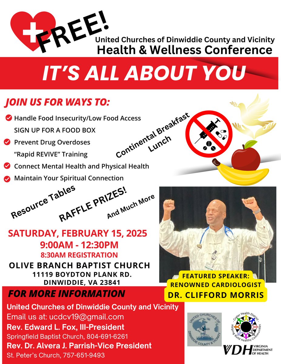 Join the United Churches of Dinwiddie County and Vicinity for the "It's All About You" Health &amp; Wellness Conference on Saturday. Feb. 15. from 9 AM- 12:30 PM. The event will be held at Olive Branch Church 1119 Boydton Plank Rd. Dinwiddie, VA 2384. See flyer for more information.