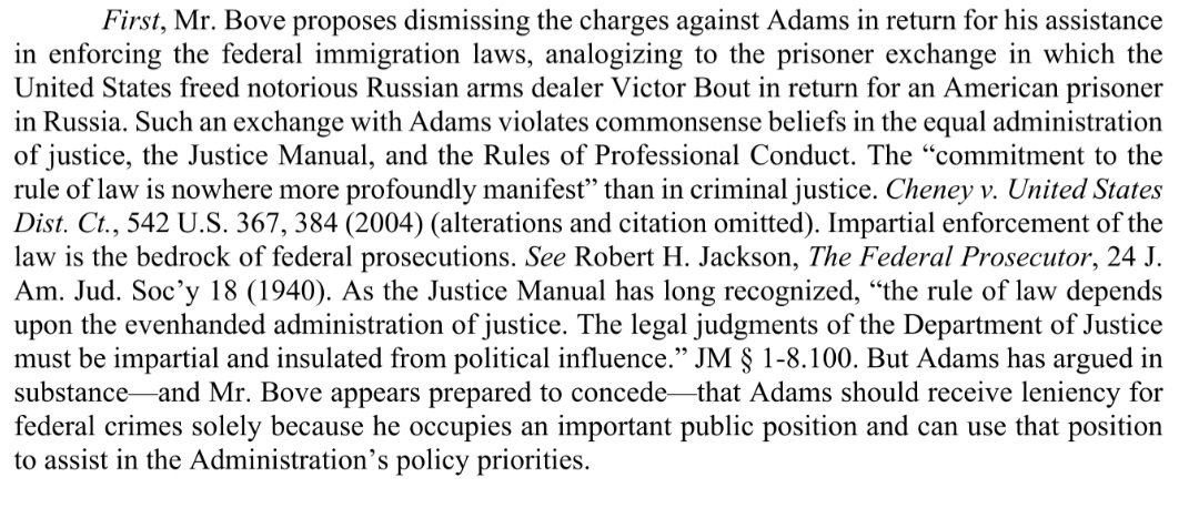 TheViewFromLL2's tweet image. Wow.

In her resignation letter, Danielle Sassoon describes the explicit quid pro quo that the DOJ arranged with Mayor Adams: dismissal of criminal charges against him, in exchange for his support of Trump's political agenda.

Lawless and corrupt — and not even trying to hide it.