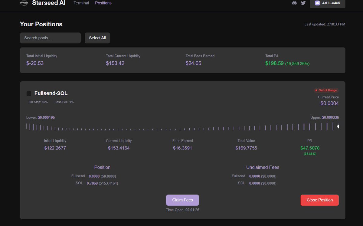 starting to prefer farming fees on <a href="/MeteoraAG/">Meteora</a>  having better success over getting rekt in the trenches.
<a href="/StarseedTeam/">Starseed</a> terminal AI making it easy to find top hourly pools and manage multiple positions can claim all fees with one click