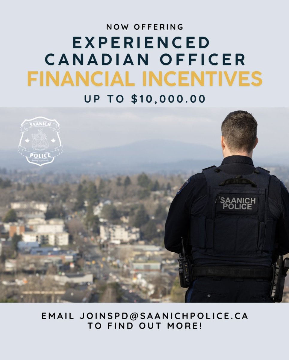 We are now offering financial incentives for exempt officers. Email JoinSPD@saanichpolice.ca or visit joinspd.ca for more information!