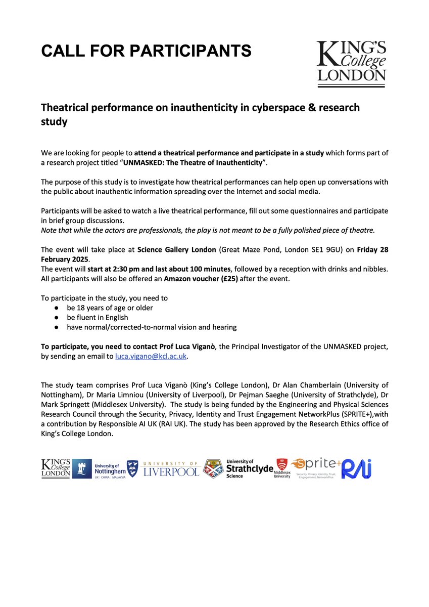 Luca Viganò (@lucavigano68) on Twitter photo UNMASKED: The Theatre of Inauthenticity – Performance & Research Study
We are looking for participants in a unique theatrical performance and research study about inauthentic information spreading over the Internet and social media.
<a href="/Alan_yn_Aber/">Alan Chamberlain</a> <a href="/PejmanHCI/">Dr Pejman Saeghe</a> <a href="/MariaLimniou/">Maria Limniou</a> UNMASKED: The Theatre of Inauthenticity – Performance & Research Study
We are looking for participants in a unique theatrical performance and research study about inauthentic information spreading over the Internet and social media.
<a href="/Alan_yn_Aber/">Alan Chamberlain</a> <a href="/PejmanHCI/">Dr Pejman Saeghe</a> <a href="/MariaLimniou/">Maria Limniou</a>