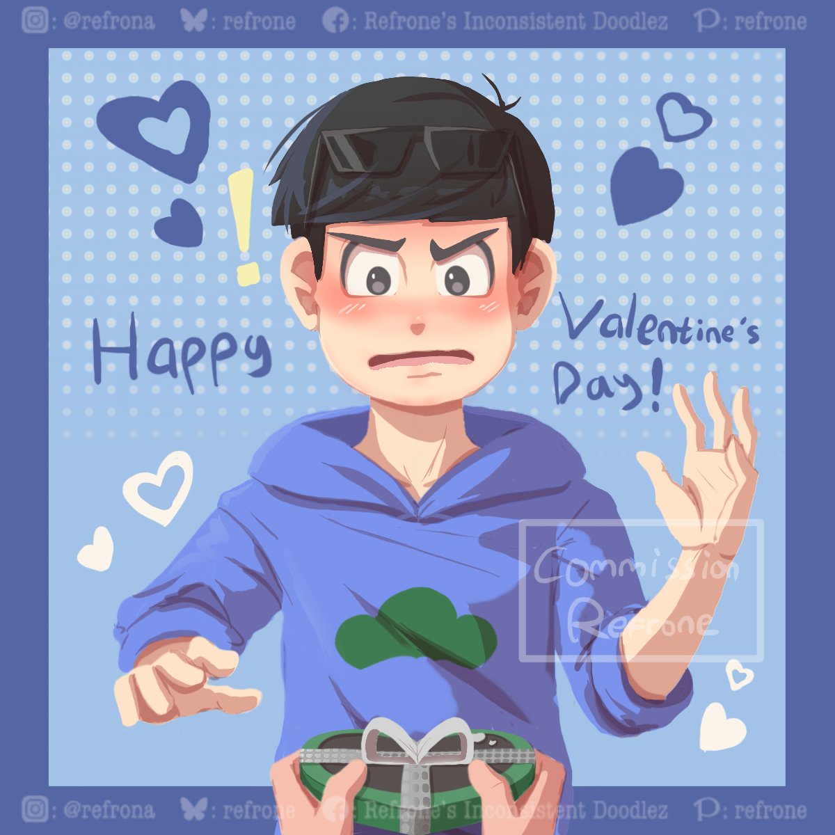 Refrone2's tweet image. Commissioned Valentine piece for Alyoop! Their sona &amp;amp; Karamatsu from Osomatsu-san!

They&apos;re such a kind client, and the pair look so cute! 💚💙

Thank you for commissioning! 

#Refcomm #VGenComm