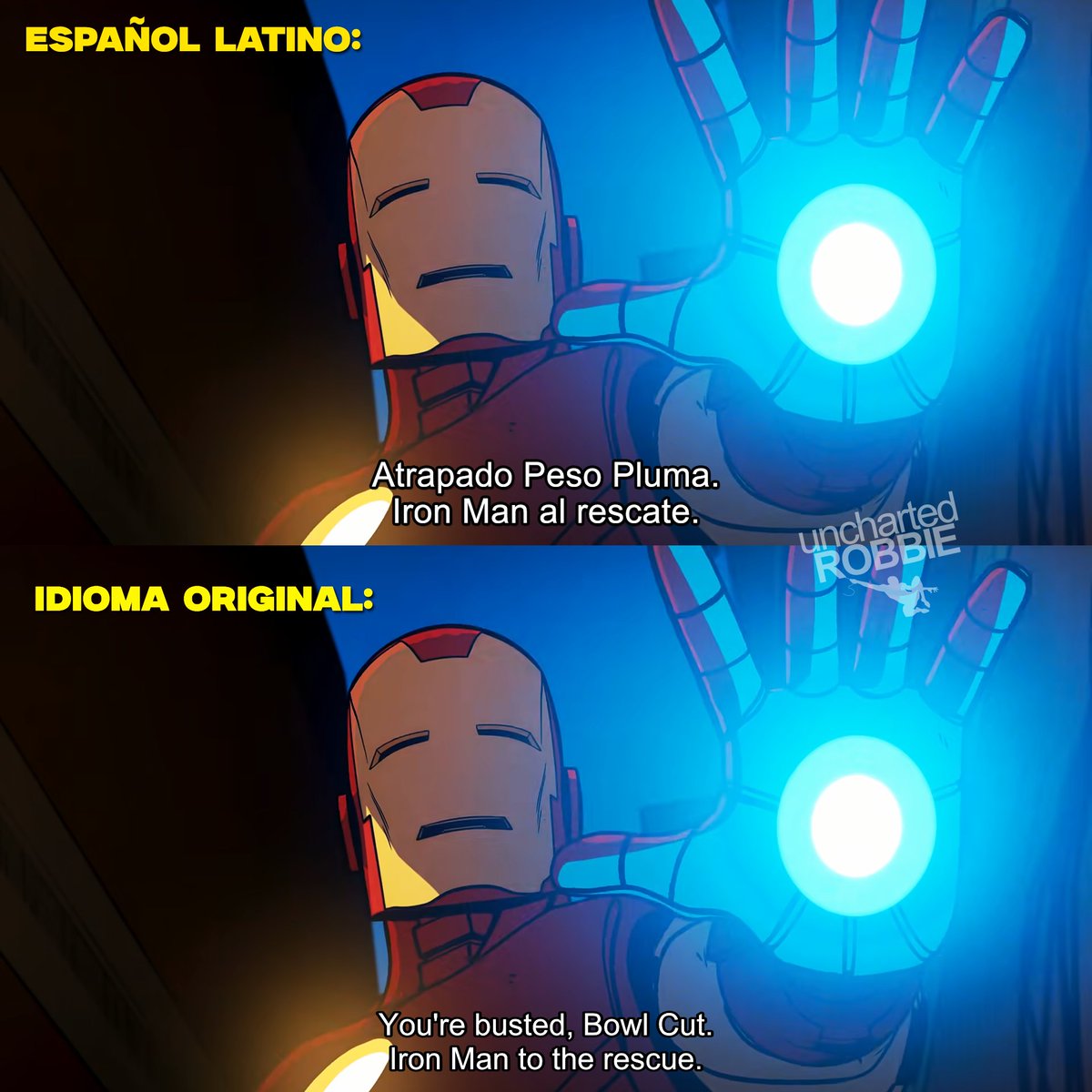 En varios post vi que preguntaban si Iron Man decía el mismo diálogo en español Latino que en Inglés. En Inglés, solo le dice "Bowl Cut", mientras que en español latino, le dice "Peso Pluma". No hay queja de mi parte, solo fue muy xd