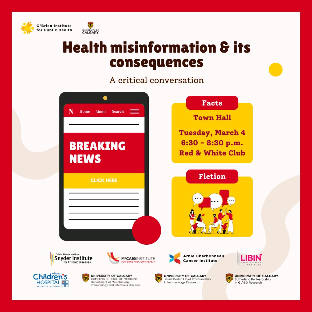 O'Brien Institute for Public Health (@obrien_iph) on Twitter photo "How the heck is the public supposed to know what to believe?" If you've asked this, you’re not alone.
Join experts for a Town Hall on the impact of health misinformation & how to find the truth.
Register now: events.ucalgary.ca/obrien/event/h…
#health #misinformation <a href="/SnyderInstitute/">Snyder Institute for Chronic Diseases</a> "How the heck is the public supposed to know what to believe?" If you've asked this, you’re not alone.
Join experts for a Town Hall on the impact of health misinformation & how to find the truth.
Register now: events.ucalgary.ca/obrien/event/h…
#health #misinformation <a href="/SnyderInstitute/">Snyder Institute for Chronic Diseases</a>