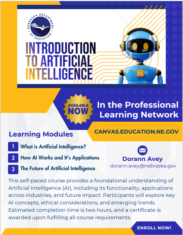 🎉What an amazing Digital Learning Day (#DLDAY). To help celebrate the day we just dropped our Introduction to Artificial Intelligence asynchronous course. It's FREE for teachers on the NDE Learning Network site! Check it out. More coming soon!👀 <a href="/FutureReady/">Future Ready</a>  <a href="/NDE_News/">NDE NEWS</a> <a href="/ESUCC/">ESUCC</a>