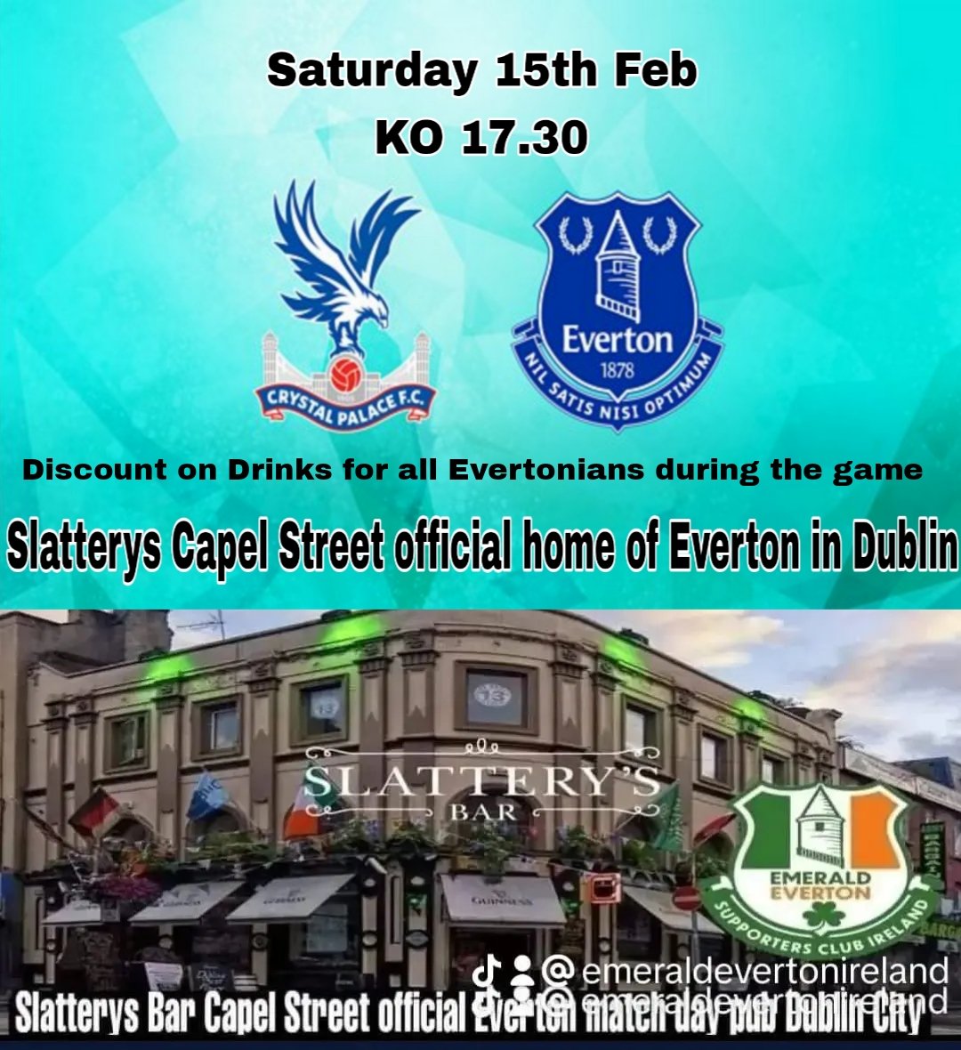 EmeraldBluesIre's tweet photo. Live official home of Everton in Dublin Slatterys bar Capel Street Dublin, Crystal Palace V Everton Saturday 15th Feb 17.30 KO
All Blues Welcome with discount on the day at the Bar for Evertoniansπ, 2 minute walk from Temple bar.
Slatterys policy no tracksuit bottoms #CPLEVE https://t.co/MewrWr06aK