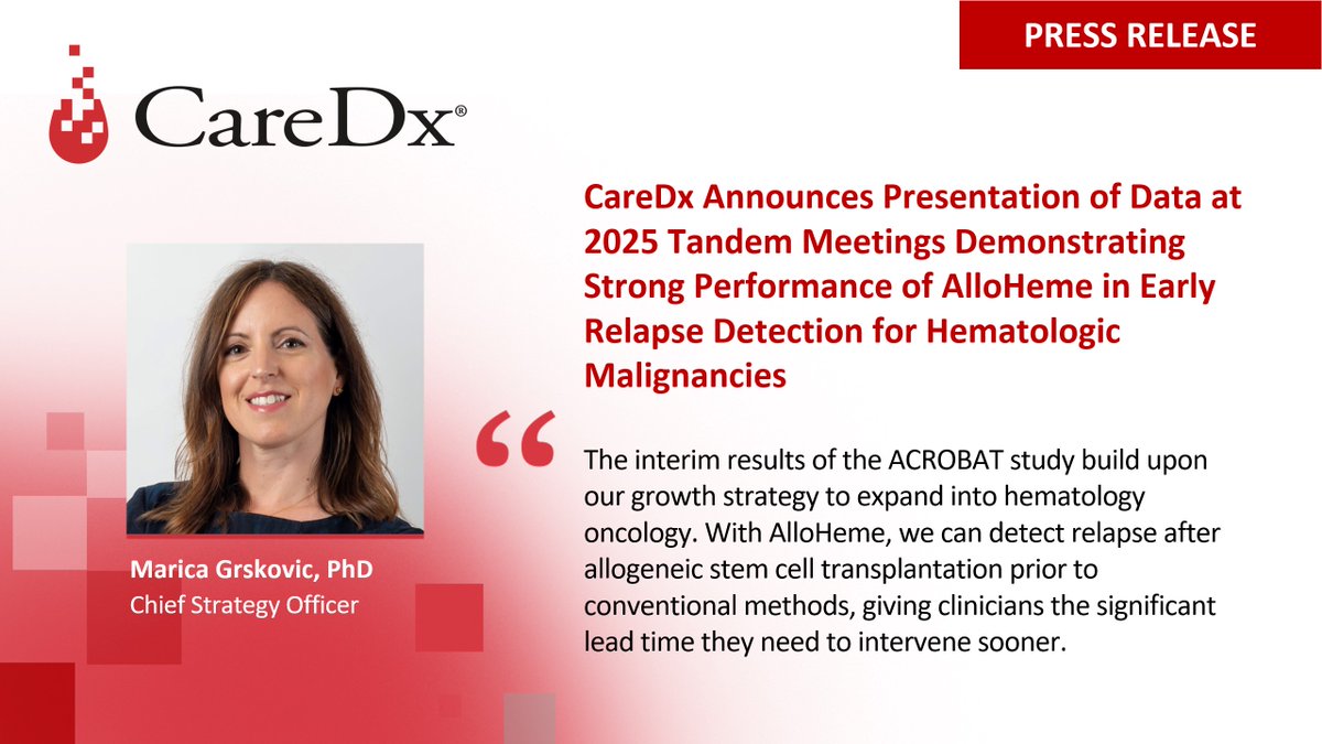 We’re pleased to announce the presentation of new data from the ACROBAT study at the 2025 Tandem Meetings! 

Read more about the key findings here: caredx.link/42UjUUn 

#Tandem25 ​#StemCellTransplant #HematologyOncology