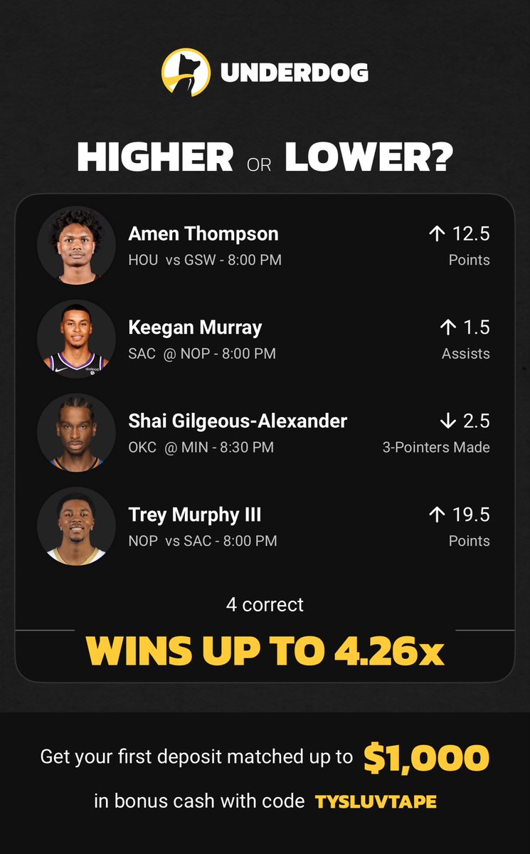 tyluvslays's tweet photo. USE CODE *TYSPICKS* AND SIGN UP ON UNDERDOG TO GET THIS EXACT SLIP

 https://t.co/IZKaaPsfRr

#GamblingX #PrizePicks #underdog https://t.co/Bkg5I3FlRO