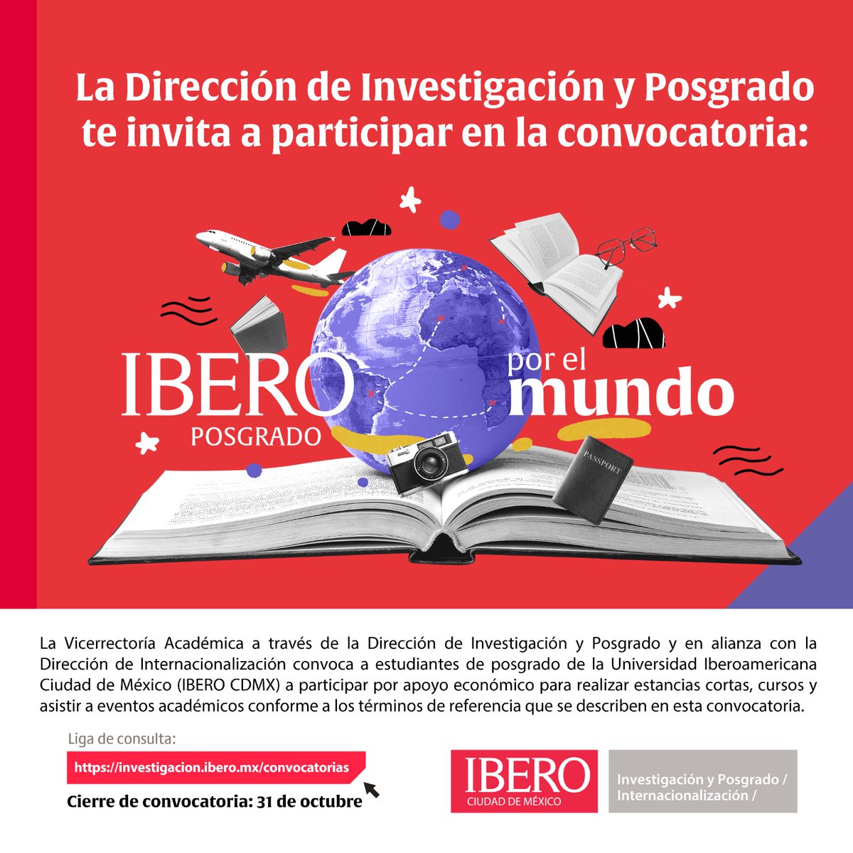 #Convocatoria | Si eres estudiante de posgrado en la <a href="/IBERO_mx/">IBERO CDMX</a> y buscas apoyo económico para realizar estancias cortas, cursos y asistir a eventos académicos, esta es tu oportunidad de participar en 'Ibero Posgrado por el Mundo 2025'.

📅 Se recibirán solicitudes hasta el 31 de