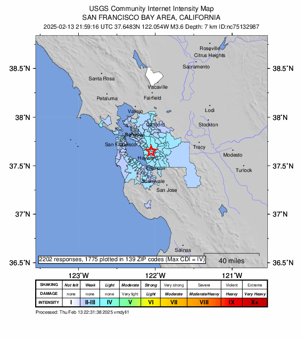 USGS_Quakes's tweet image. If you're in the San Francisco Bay Area and felt (or didn't feel) rumbling around 2pm LT, there was a M3.7 near Hayward in the East Bay.  The USGS welcomes your Did You Feel It? account:

earthquake.usgs.gov/earthquakes/ev…