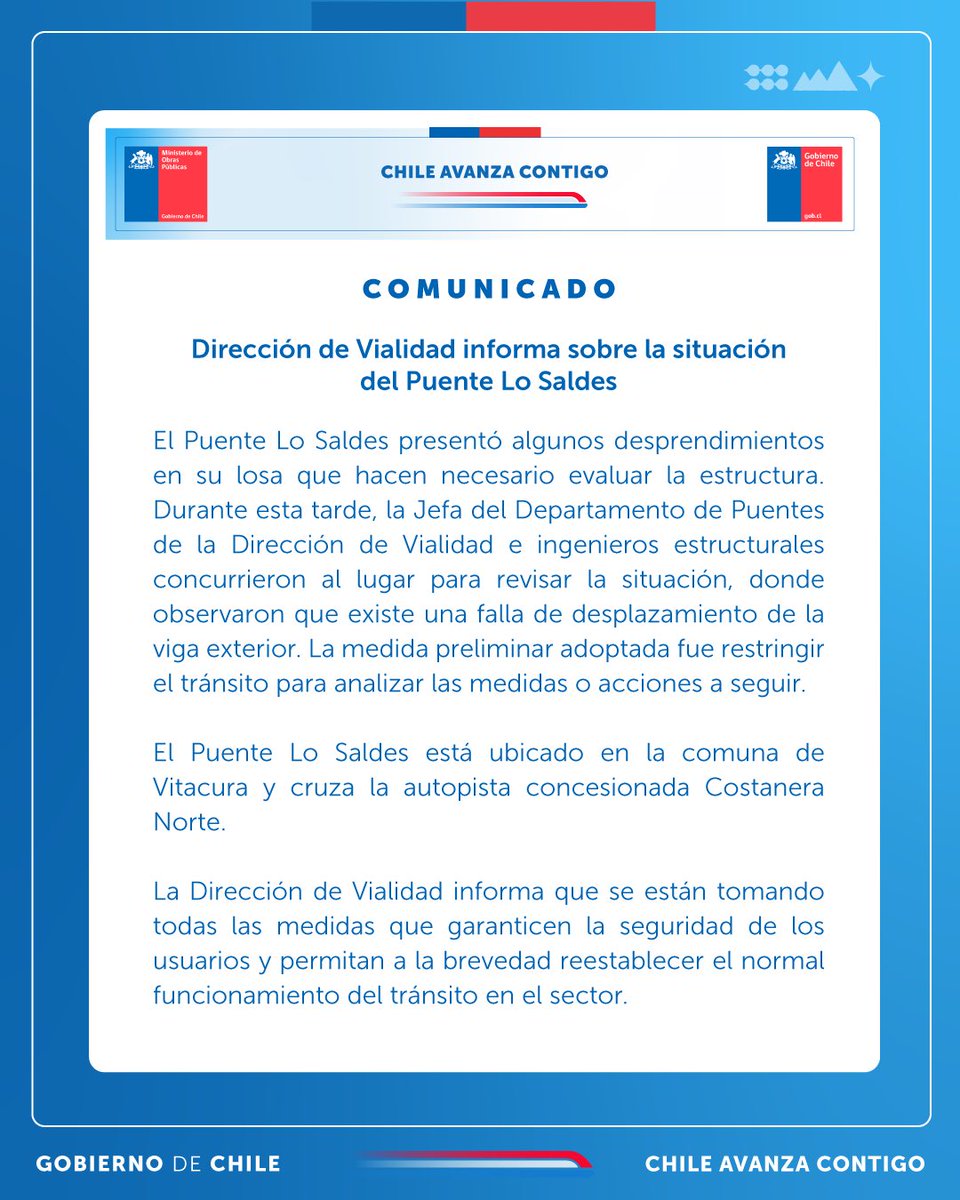 La Dirección de Vialidad informa que, tras una inspección estructural, se detectó una falla en la viga exterior del Puente #LoSaldes. Como medida preventiva, el tránsito ha sido restringido mientras se evalúan las acciones a seguir.

🟢 Planifique su ruta con anticipación.