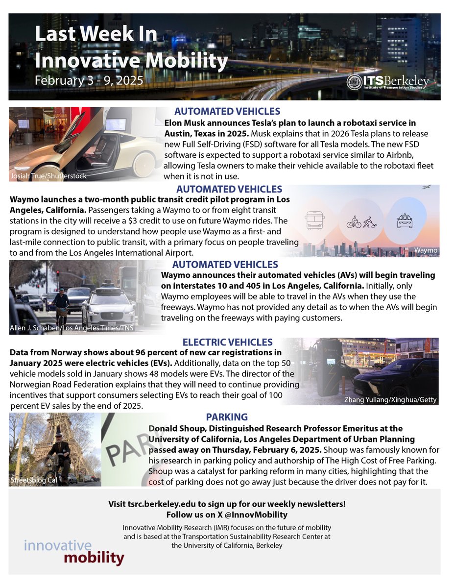 Susan Shaheen (@susanshaheen1) on Twitter photo π’ π
ΏοΈ π©΅ Donald Shoup's pioneering work in parking has left a lasting mark. Our thoughts are w/ his family & UCLA community π©·.
UC Berkeley's Innovative Mobility Highlights for 2/3-9/25, see  tsrc.berkeley.edu/sites/default/β¦
π© Subscribe at tsrc.berkeley.edu
Note views are my own π’ π
ΏοΈ π©΅ Donald Shoup's pioneering work in parking has left a lasting mark. Our thoughts are w/ his family & UCLA community π©·.
UC Berkeley's Innovative Mobility Highlights for 2/3-9/25, see  tsrc.berkeley.edu/sites/default/β¦
π© Subscribe at tsrc.berkeley.edu
Note views are my own