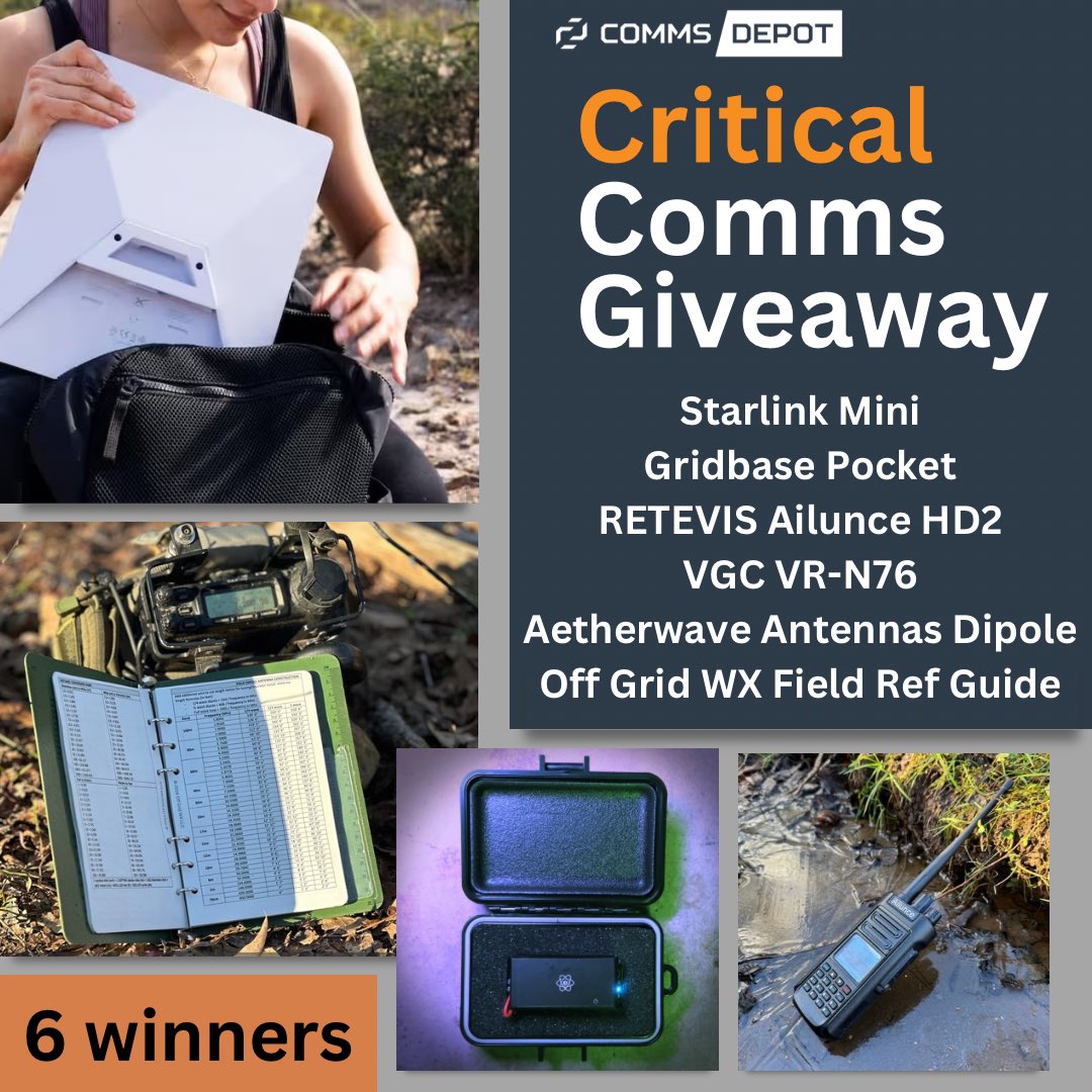 One of the biggest giveaways of the year! Win one of six critical comms tools, including a <a href="/Starlink/">Starlink</a> Mini and others, by going to CommsDepot.com/contest 
#winning #comms #communications #radio #starlink #hf #vhf #uhf
(18+, US 50)