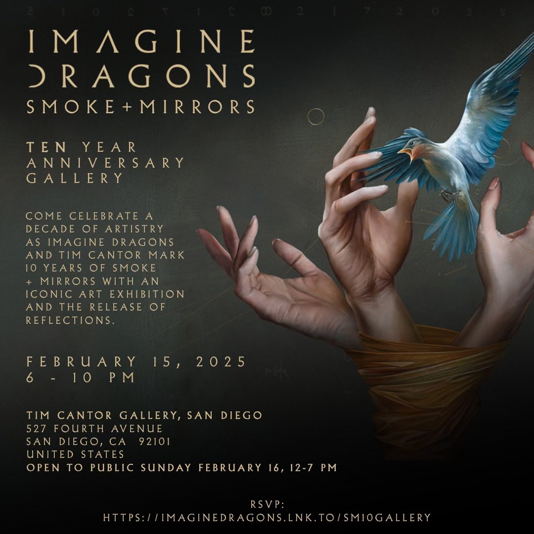 Imaginedragons's tweet photo. this saturday, celebrate the Ten Year Anniversary of Smoke + Mirrors at our Gallery event in San Diego with Tim Cantor from 6pm - 10pm. #SmokeAndMirrors

RSVP: https://t.co/yrO9YvBtuB https://t.co/9CQqsXFJNG